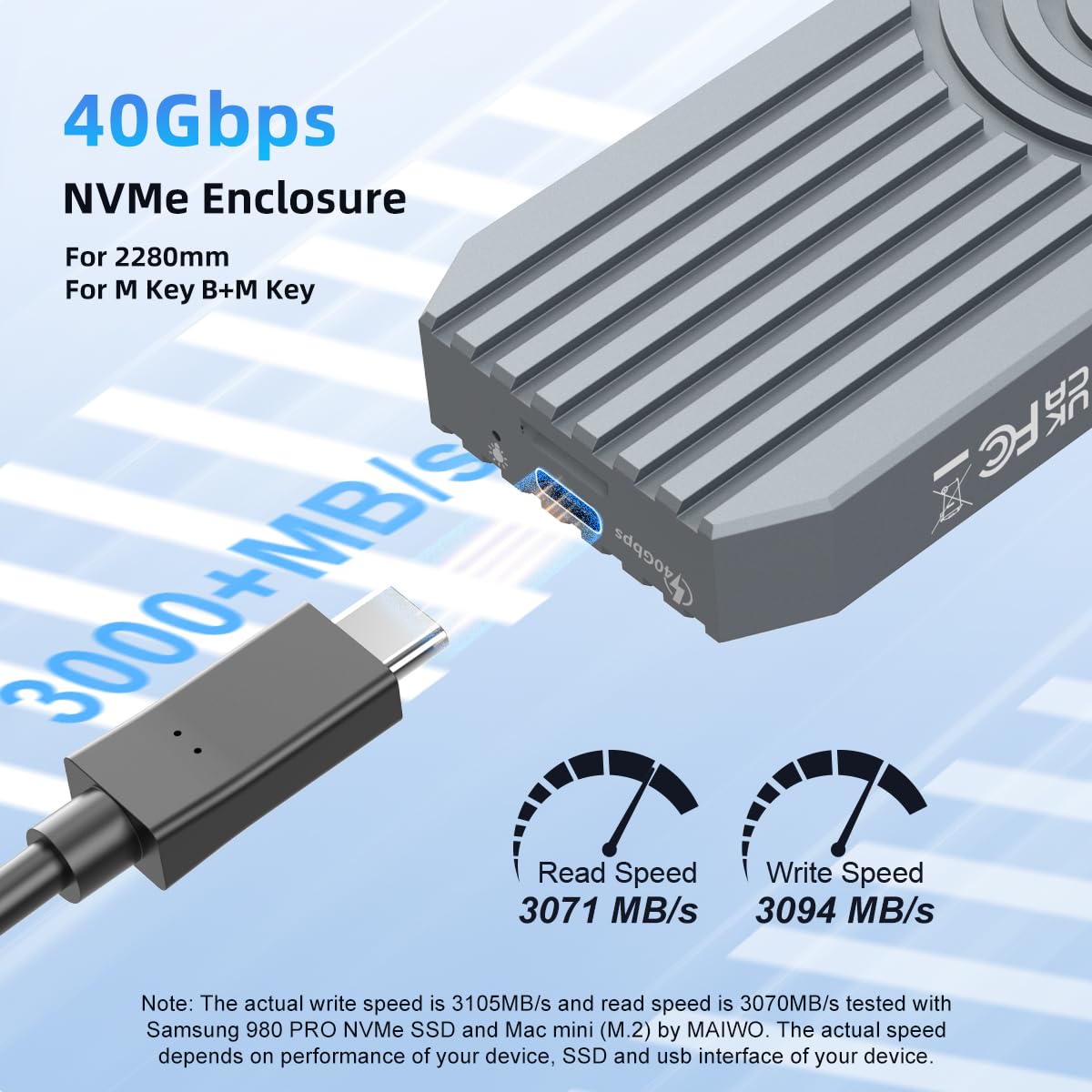 MAIWO M.2 NVMe SSD Enclosure 40Gbps USB4 Removable Fan K1719 Aluminum Alloy Grey