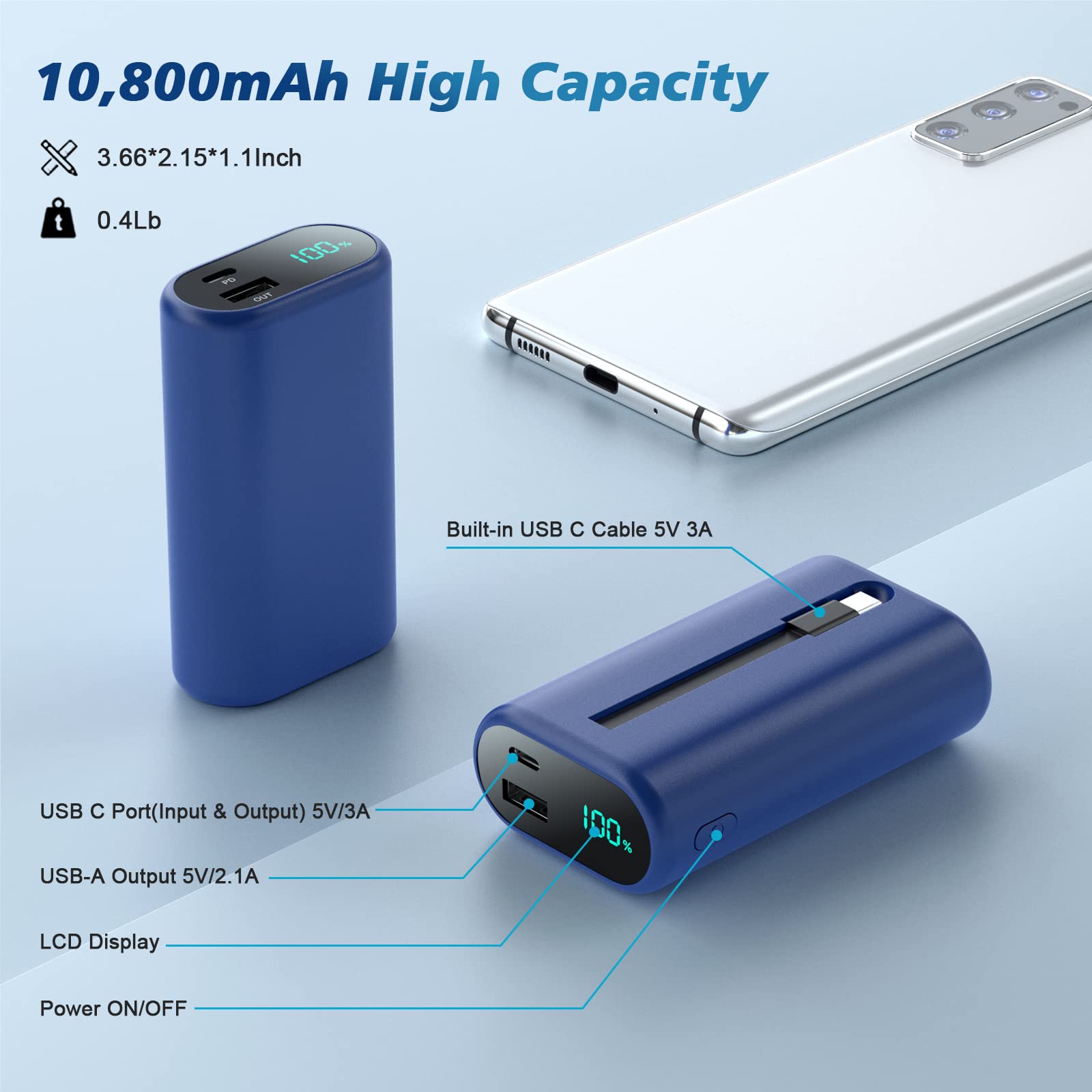 Small Portable Charger 10800Mah With Built In Usb C Cable, Mini Pd 3A Fast Charging Power Bank, Ultra Compact Lcd Display Batter