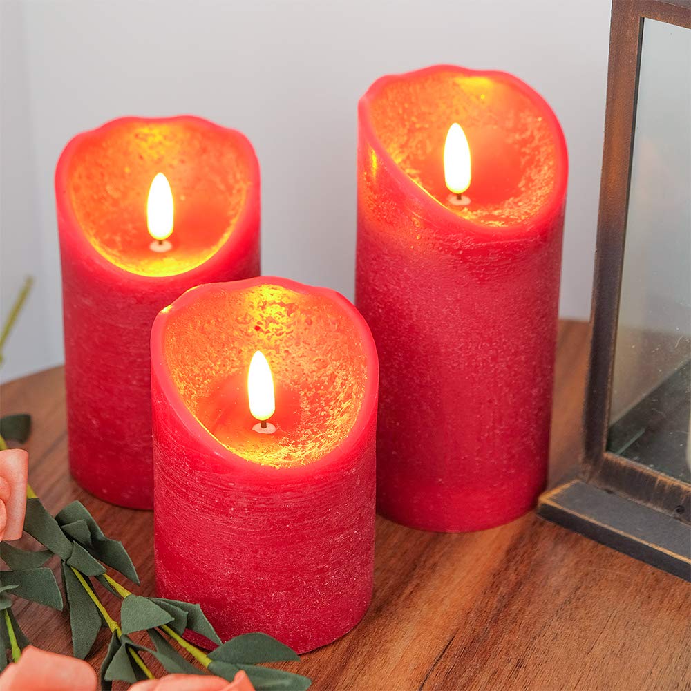 Eldnacele Red Wax Flameless Flickering Candles With 6H Timer, 3D Wick Realistic Battery Operated Pillar Led Candles Set Of 3 For