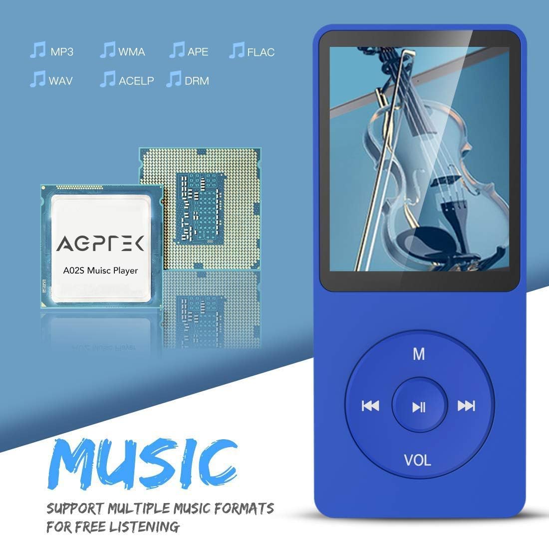Agptek A02S 16Gb Mp3 Player, 70 Hours Playback Lossless Sound Music Player, Supports Up To 128Gb, Dark Blue