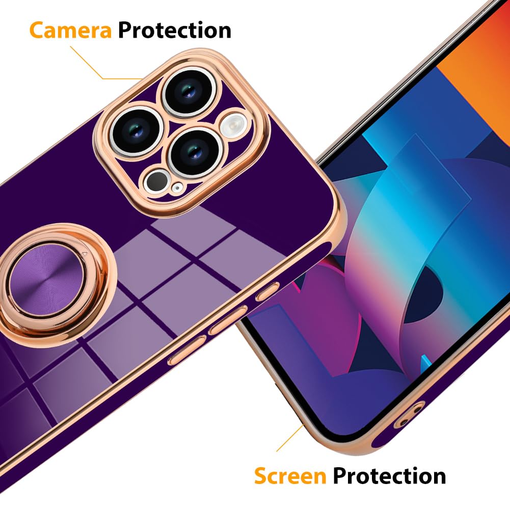 Kanghar Phone Case Compatible With Iphone 15 Pro Max For Women Girls, Plating Built-In 360 Rotation Magnetic Ring Kickstand Hold