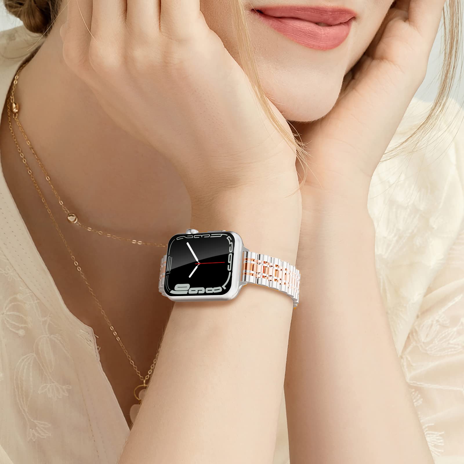 Aicumuza Slim Metal Watch Bands Compatible With Apple Watch 41Mm 40Mm 38Mm, Thin Stainless Steel Link For Women Iwatch Series 9/