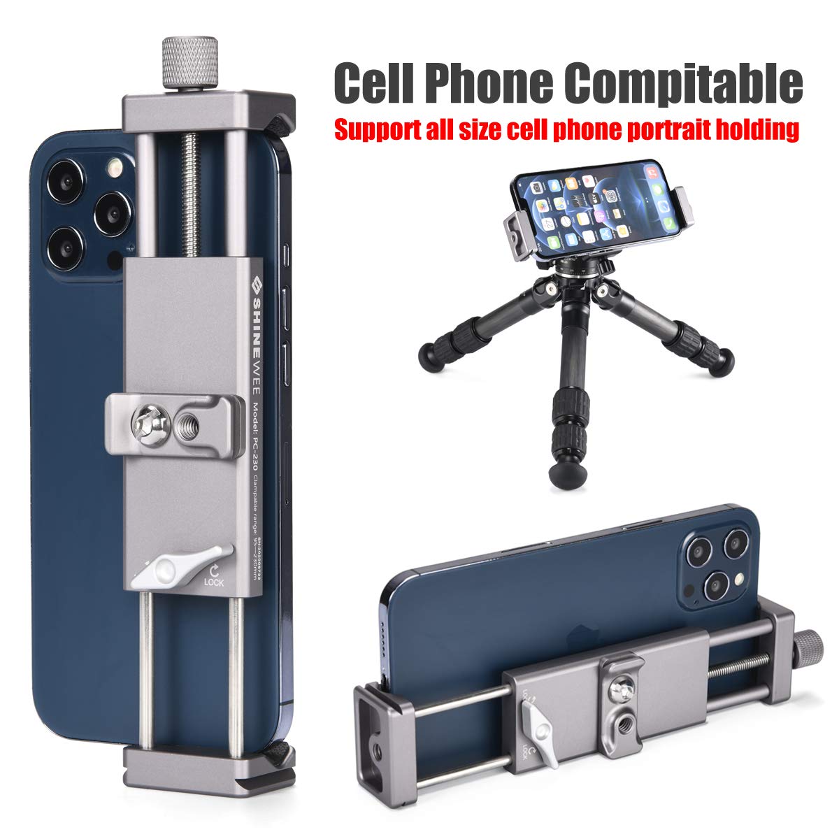 Shinewee Metal Ipad Holder For Tripod Mount, 1/4' Screw, Acra/Rrs Rail Plate Mounts, Fits Ipad 1 2 3 4 5 Mini Air Pro,Universal Tablet Ipad Clamp Holder Tripod Adapter