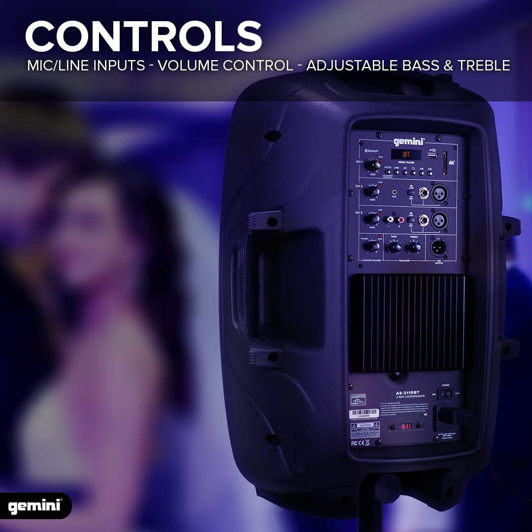 Gemini Sound As 2115Bt Active 15 Inch Woofer 2000 Watt Dj Monitor Powered Amplified Pa Speakers System With Bluetooth, Wireless Stereo Pairing, Onboard 2 Channel Mixer Handles And Portable Fly Points
