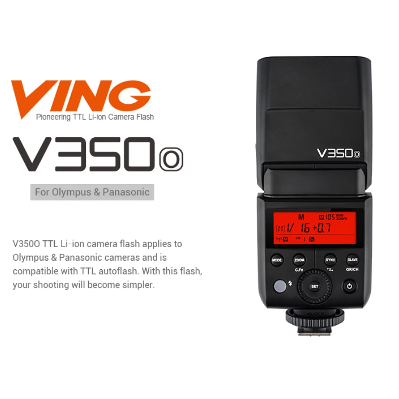 Godox V350O Ttl Flash For Olympus Panasonic Gn36 1/8000S Hss Camera Flash W/ 2000Mah Battery 500 Times Full Power Flash 0.1S-1.7