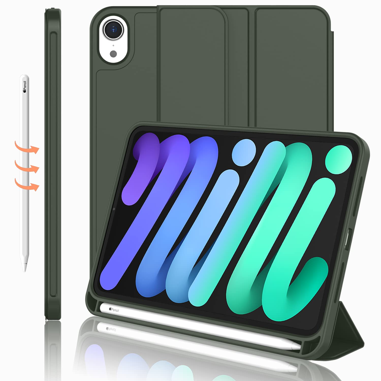 Imieet Ipad Mini 7 Case 2024 (A17 Pro), Ipad Mini 6 Case (8.3 Inch,2021 Model), Ipad Mini 7Th/6Th Generation Case With Pencil Holder, Trifold Stand Smart Case With Soft Tpu Back,Dark Green