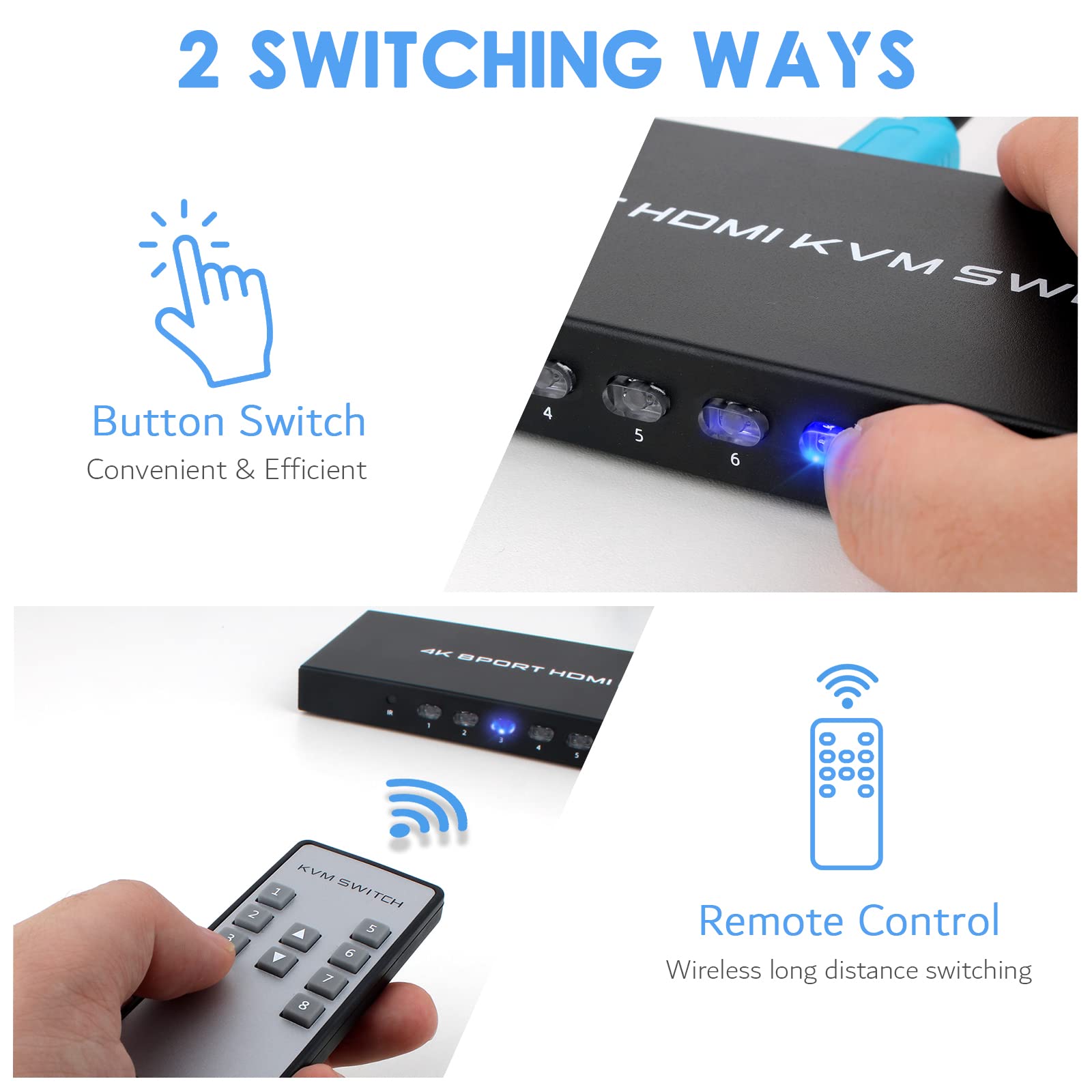 8 Port Kvm Switch, 8 In 1 Out Hdmi Kvm Switch, For 8 Pc Sharing 1 Hd Monitor And 4 Usb Devices, Support 4K@30Hz, With Ir Remote