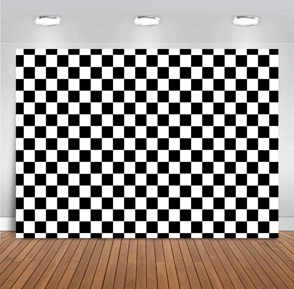Cosplay Party Banner Checkered Flag Photography Backdrop Vinyl 7X5Ft Photo Background White And Black Racing Checker Texture Gri