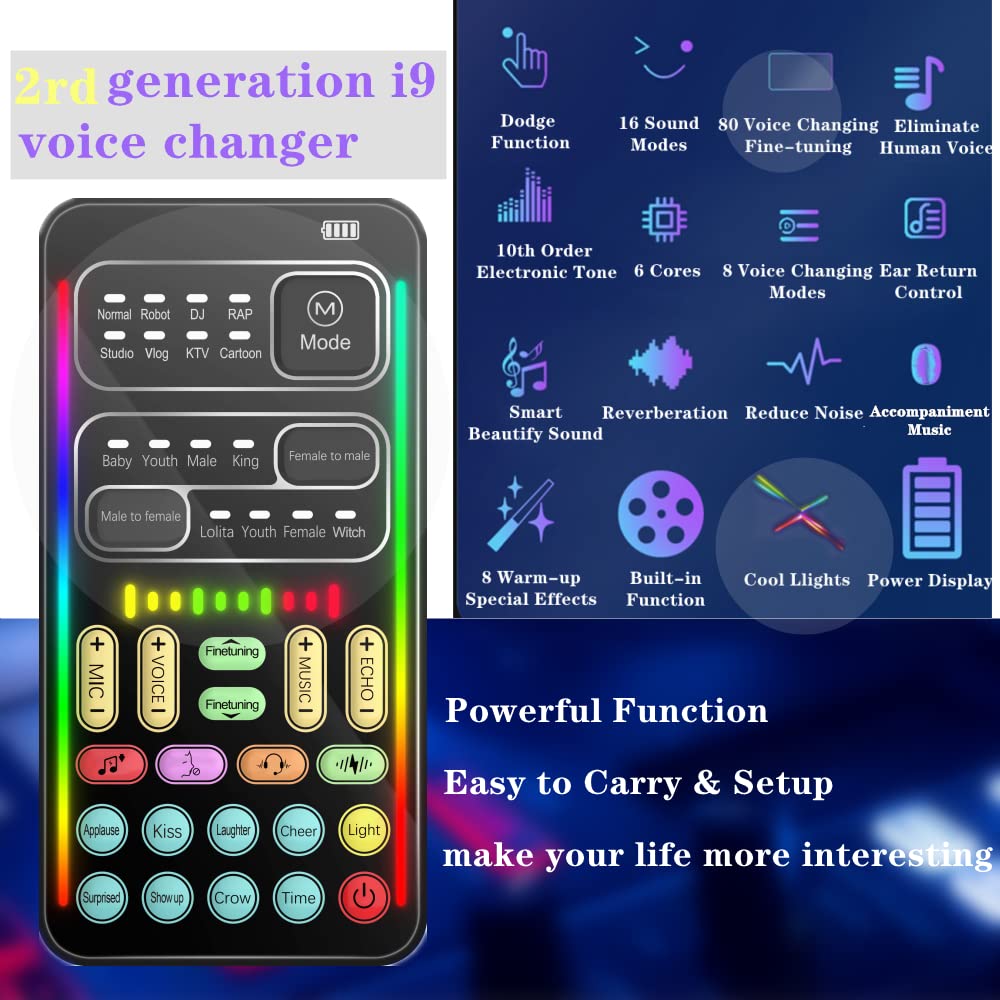 Portable Voice Changer, 2Rd Generation I9 Live Sound Card, Cool Lights Sound Board   Voice Disguiser/Modulator For Ps4/Ps5/Xbox