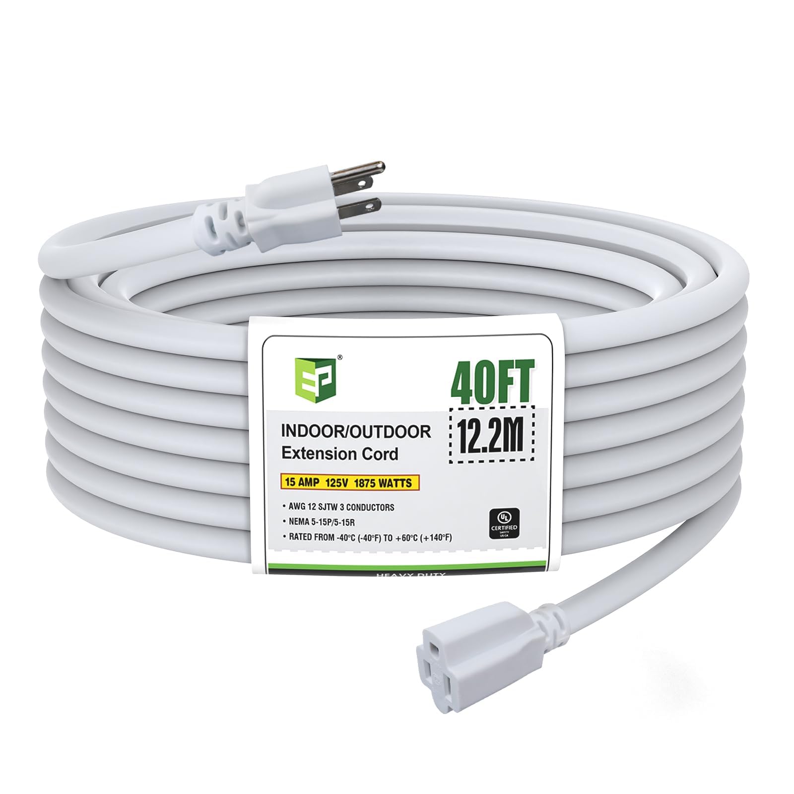 Ep 40 Ft Outdoor Extension Cord, 12/3 Sjtw Heavy Duty Extension Cable With 3 Prong Grounded Plug, 15 Amp Power Cord For Lawn, Ga