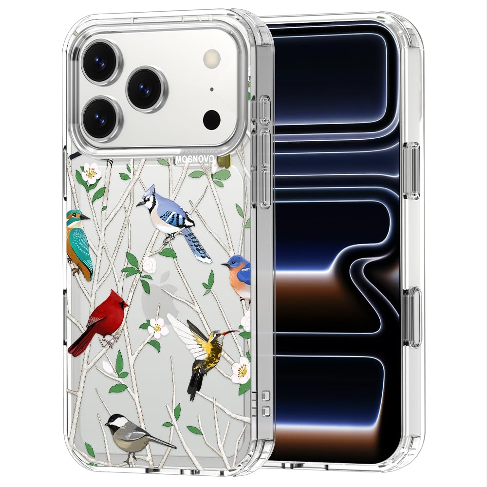 MOSNOVO for iPhone 17 Pro Case | Military Grade 6.6ft Drop Tested | Camera Control | Clear with Wild Bird Design