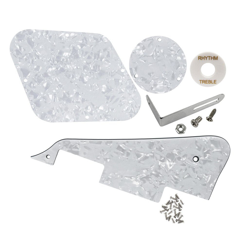 Fleor 4Ply White Pearl Guitar Pickguard Scratch Plate Back Plate Guitar Screws Set & Toggle Switch Plate(White) & Silver Bracket