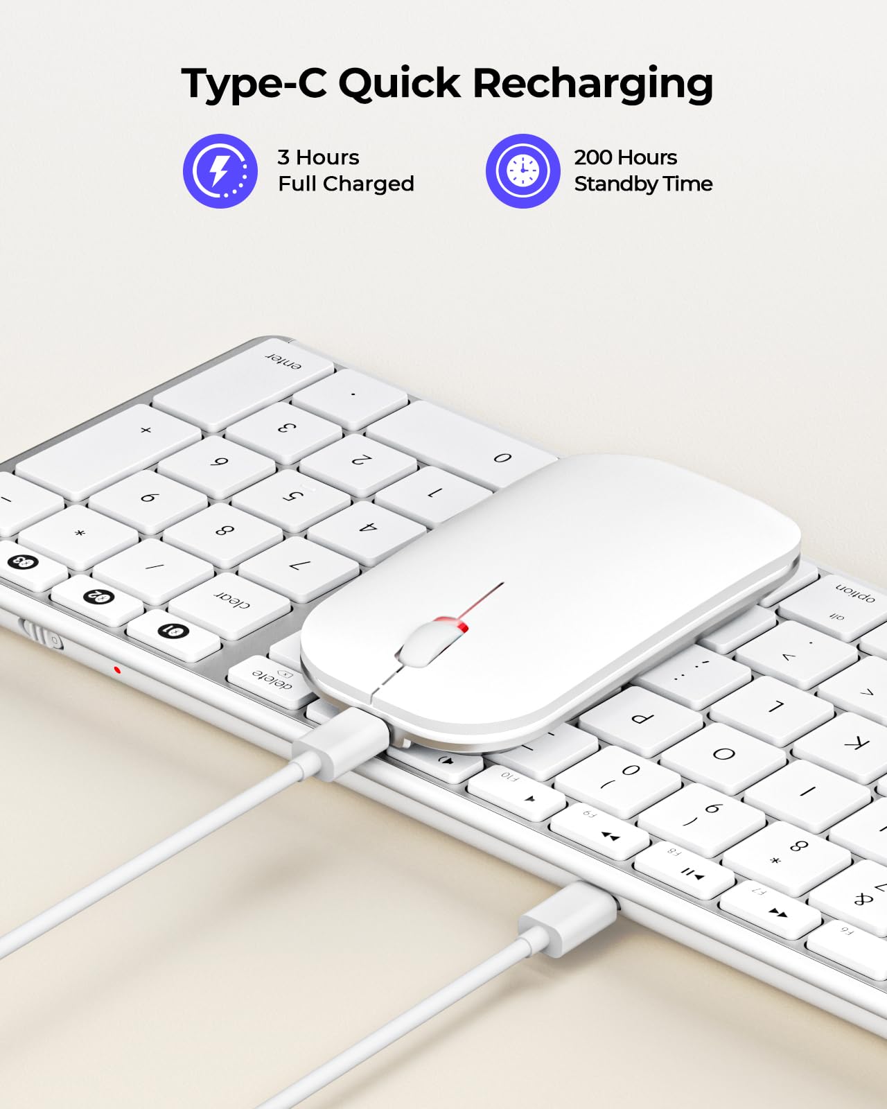 Wireless Bluetooth Keyboard And Mouse For Mac, Multi Device Rechargeable Keyboard And Mouse Stainless Steel Full Size, Compatible With Macbook Pro/Air, Ipad, Imac   White Silver