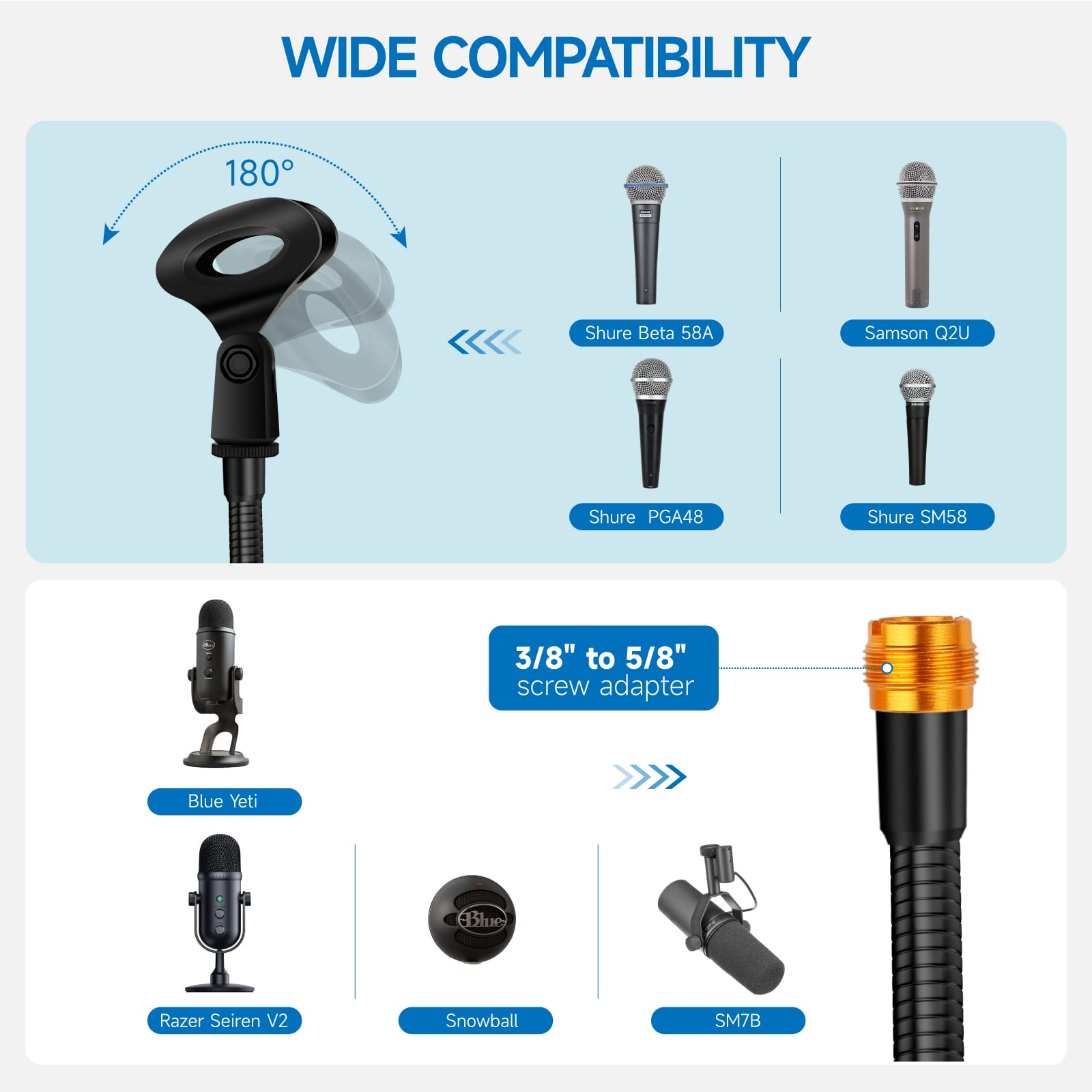 Microphone Stand 13 Flexible Gooseneck Desktop Mic Stand Multi-Function Mic Stand Phone Holder With Upgraded Mic Clip And Heavy