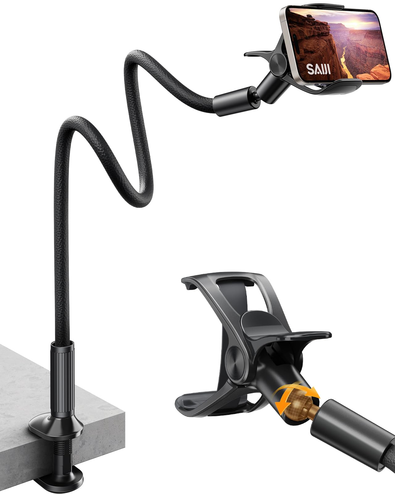 Saiji Gooseneck Phone Holder For Bed Overall Length 38.6    Flexible Leather Wrapped Arm Overhead Cell Phone Mount Stand With 36