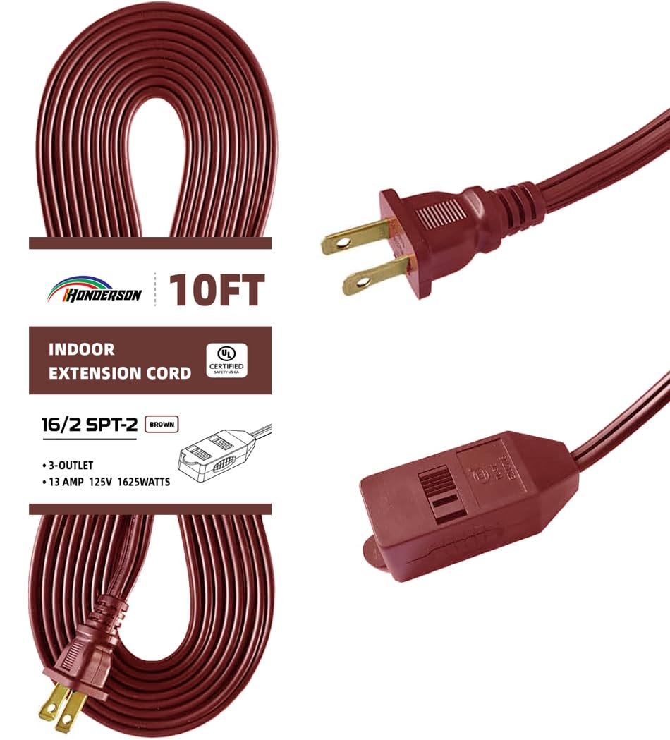 Honderson 3 Outlets Flat Extension Cord, Power Strip With Safety Cover, Ul Listed 16/2 Spt 2 Outlet Extender, 2 Prong 16 Gauge 1