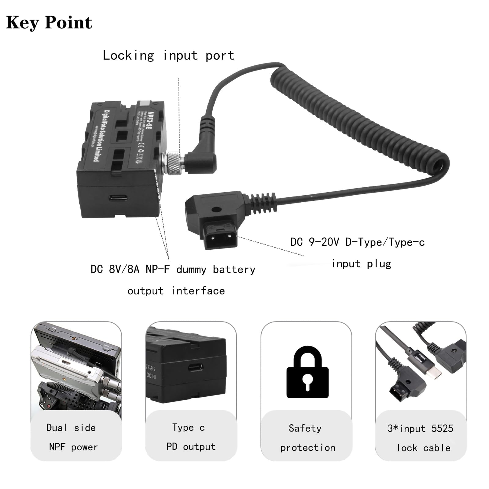 Df Digitalfoto Npf3 Se Dual Side Npf Dummy Battery With Type C&D Tap Input To 5525 Lock Cable Compatible With Np F550/570/750/770/970 Power Led Light Atomos/Shinobi/Smallhd Monitor For V Mount Battery