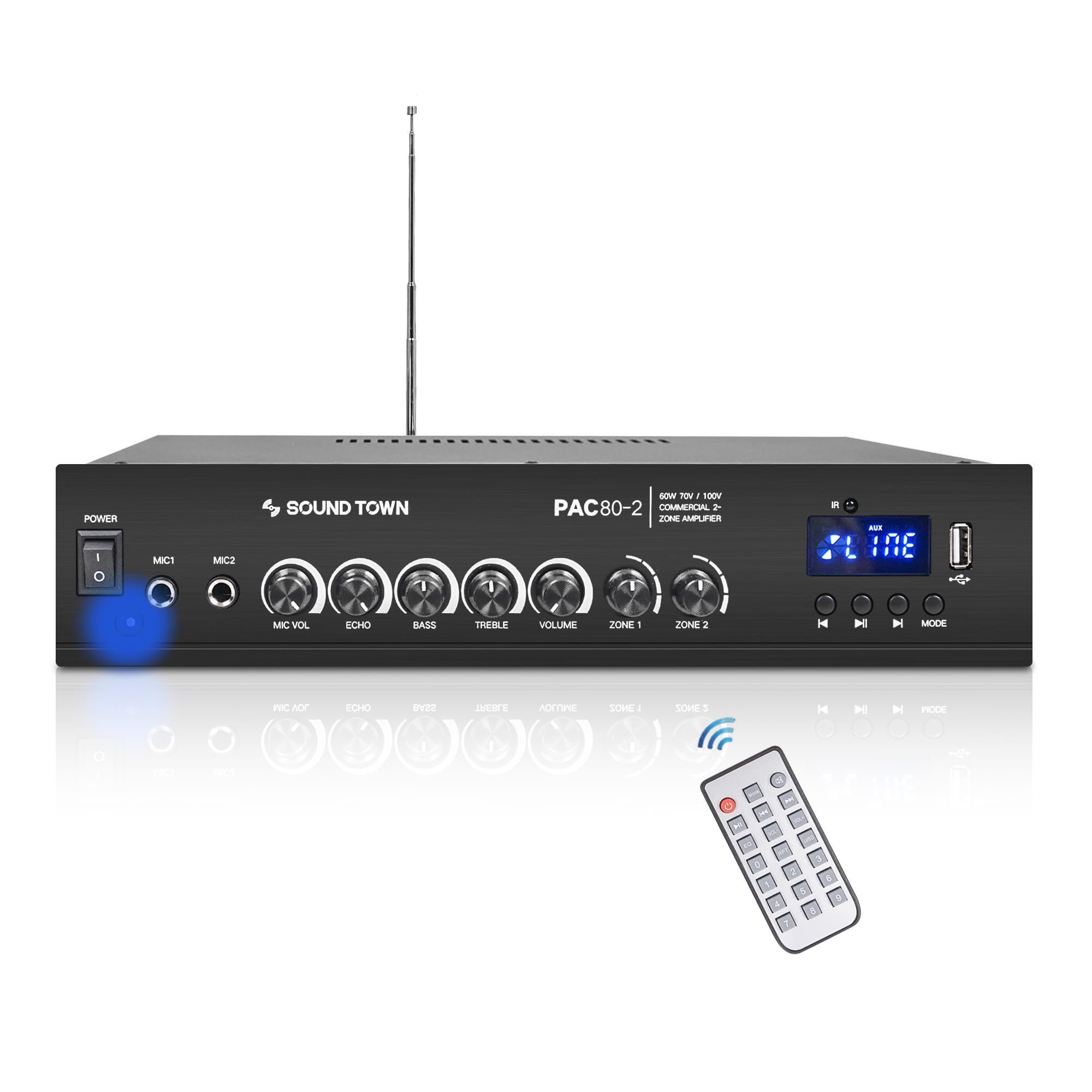 Sound Town 60W 2 Zone 70V/100V Commerical Power Amplifier With Bluetooth, Aluminum, For Restaurants, Lounges, Bars, Pubs, Schools And Warehouse (Pac80 2)