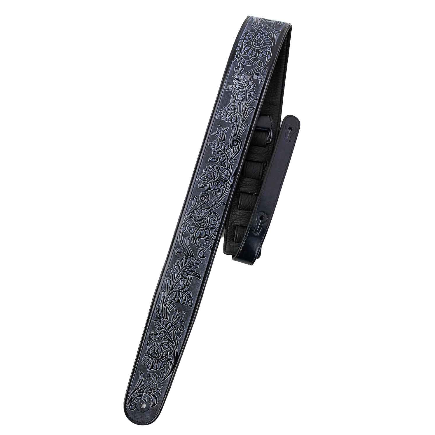 Walker & Williams Dlx 282 Handmade Brushed Black Padded Guitar Strap With Embossed Tooling For Acoustic, Electric, And Bass Guit