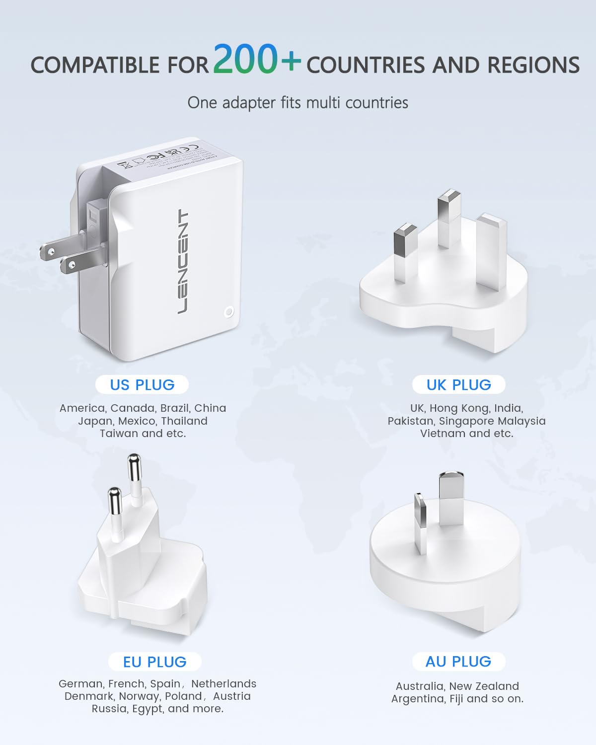 Lencent Multiple Usb Wall Charger, [22W/4.4A] 4 Port Usb Travel Power Adapter, All In One Worldwide Cell Phone Charger With Uk U