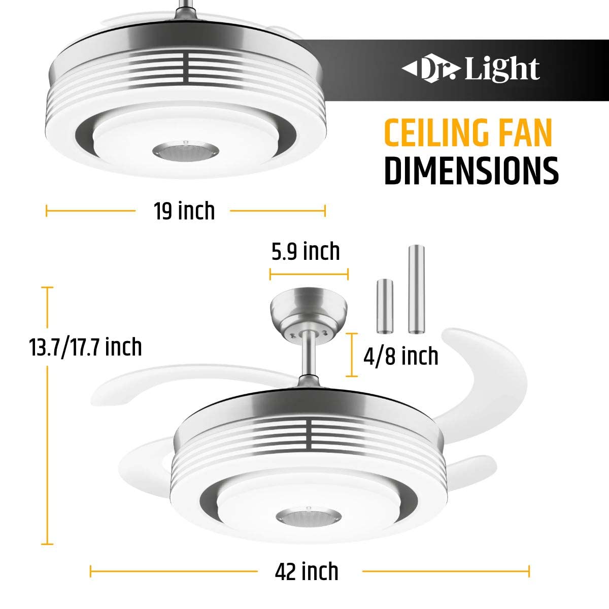 42 Inch Modern Retractable Ceiling Fan With Lights And Smart Remote,Led Fandelier Ceiling Fan With Light 6 Speed Bluetooth Speak
