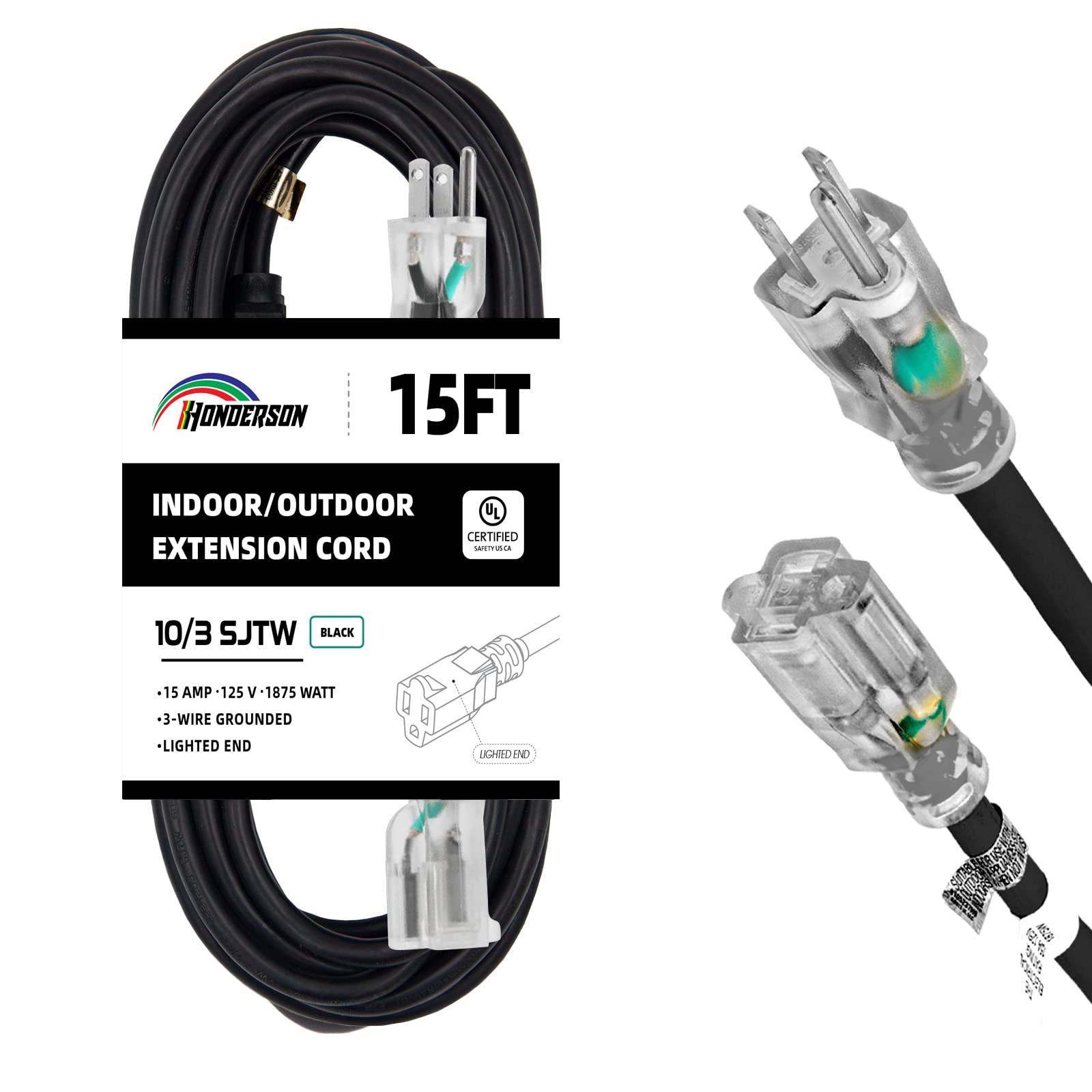 Honderson Indoor Outdoor Extension Cord Weatherproof With Lighted End, Ul Listed, 10 Gauge 15Ft Black 3 Prong Heavy Duty Extensi