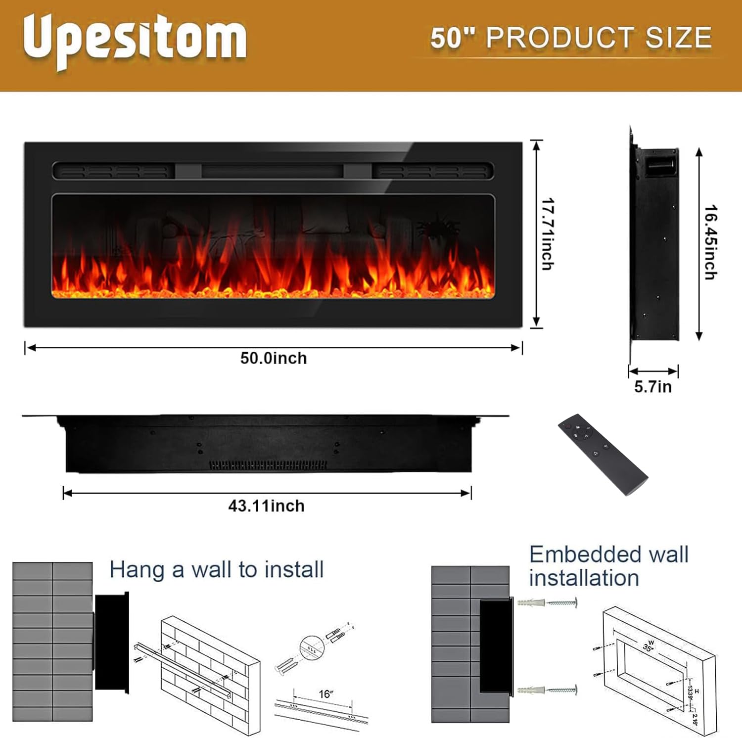 50'' Electric Fireplace Upgrade Fireplace Heater Recessed & Wall Mounted, 750/1500W Linear Fireplace Led Electric Fireplace Inse