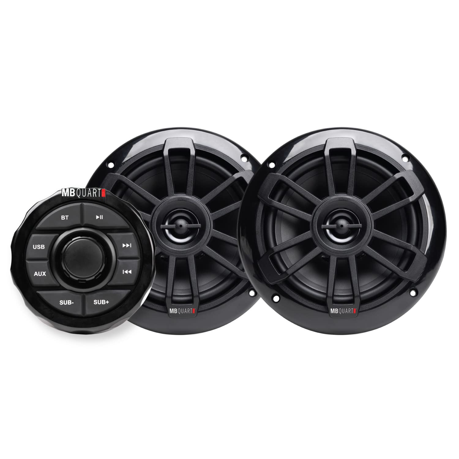 MB Quart Coaxial Speakers with Bluetooth Source Unit (Black) - 6.5 Inch, 160 Watt Each, Marine Grade Waterproof, for Marine, Car