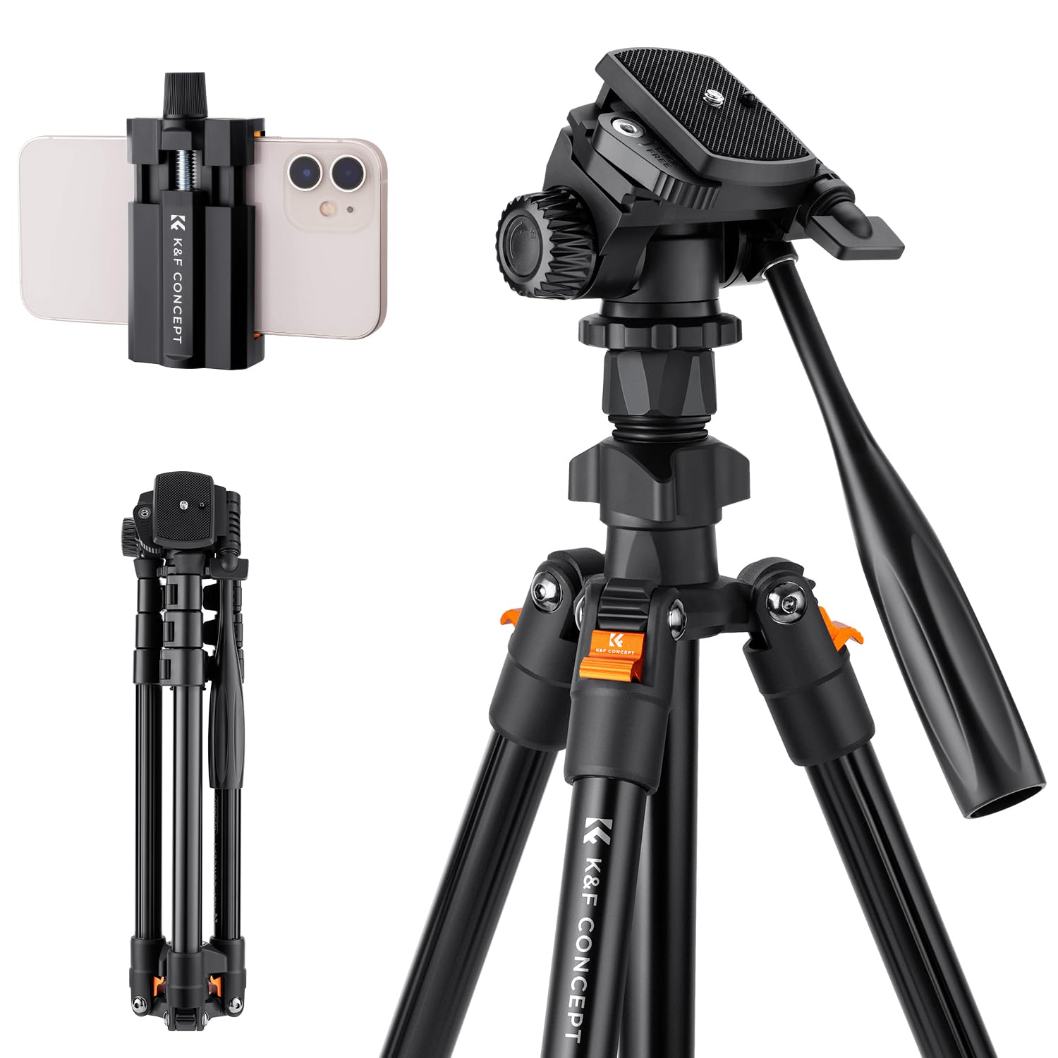 K&F Concept 70 Video Tripod,Lightweight Travel Tripod with 3-Way Swivel Pan Tilt Head Load 6.6 lbs, Phone Holder Smartphone Clip