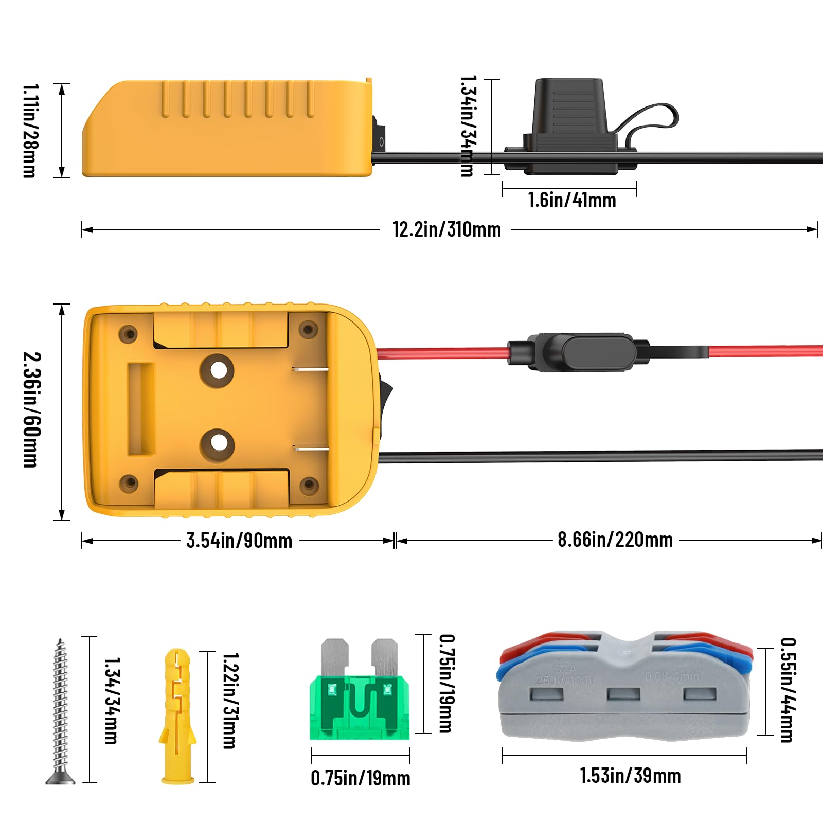 3 Packs Power Wheel Adapter Compatible With Dewalt 20V Battery, Converter Kit With Switch & Fuse & Wire Terminals & 12 Awg Wire
