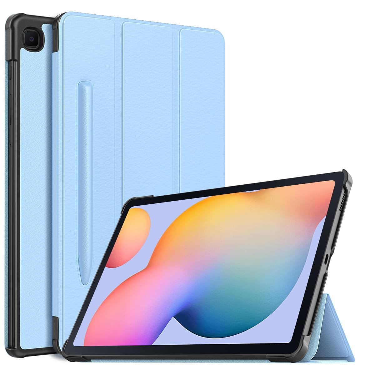 MoKo Case for Galaxy Tab S6 Lite 10.4 Inch 2024 2022 2020 (Model: SM P620/P625/P613/P619/P610/P615/P617) with Built in S Pen Holder, Slim Tri Fold Soft TPU Cover with Auto Wake/Sleep, Sky Blue