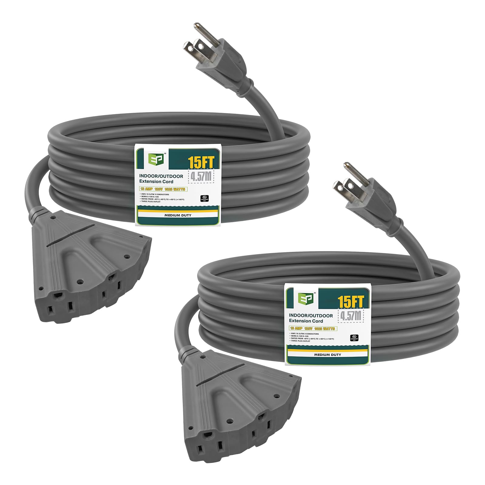 Ep 2 Pack 15 Ft Outdoor Extension Cord With 3 Electrical Power Outlets   16/3 Sjtw Grey Cable With 3 Prong Grounded Plug For Saf