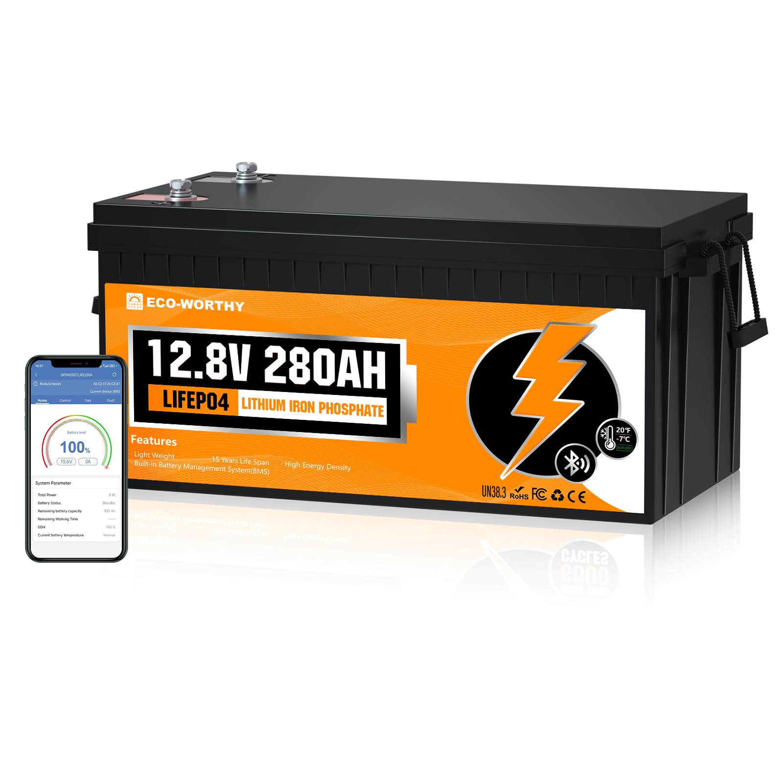 ECO-WORTHY 12V 280AH LiFePO4 Lithium Battery with Bluetooth, Low Temp Protection, Built-in 200A BMS, 3584Wh Energy. Perfect for 