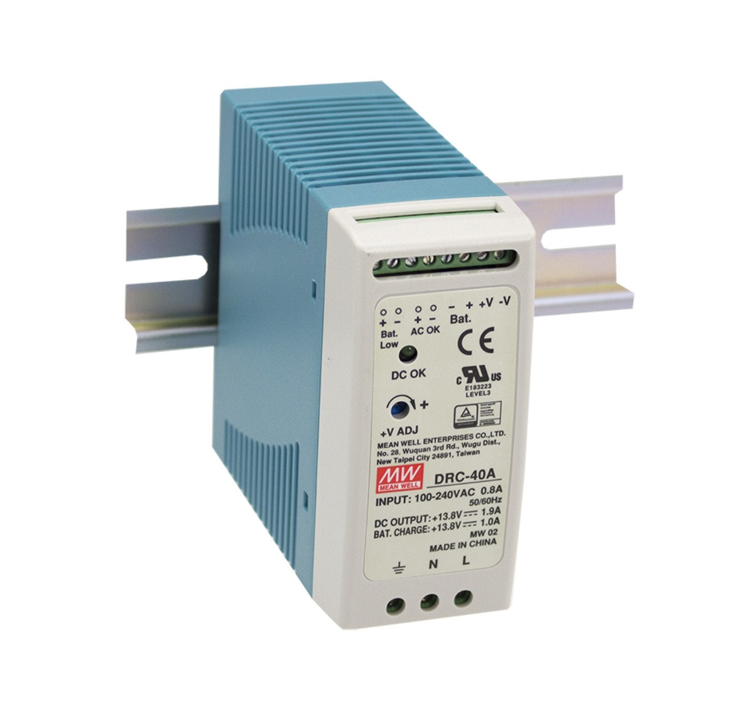 Mean Well (Drc 40A) Din Rail Single Output Switching Power Supplies With Battery Charger (Ups Function), Output: 40.02W 13.8V 1.