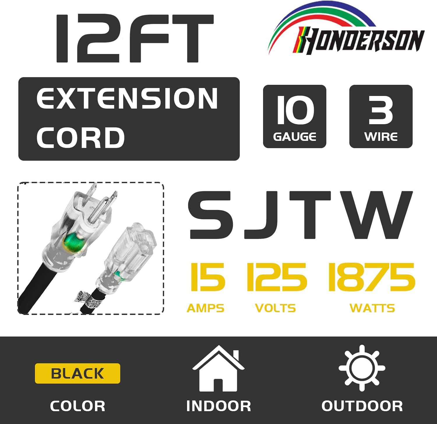 Honderson Indoor Outdoor Extension Cord Weatherproof With Lighted End, Ul Listed, 10 Gauge 12Ft Black 3 Prong Heavy Duty Extensi