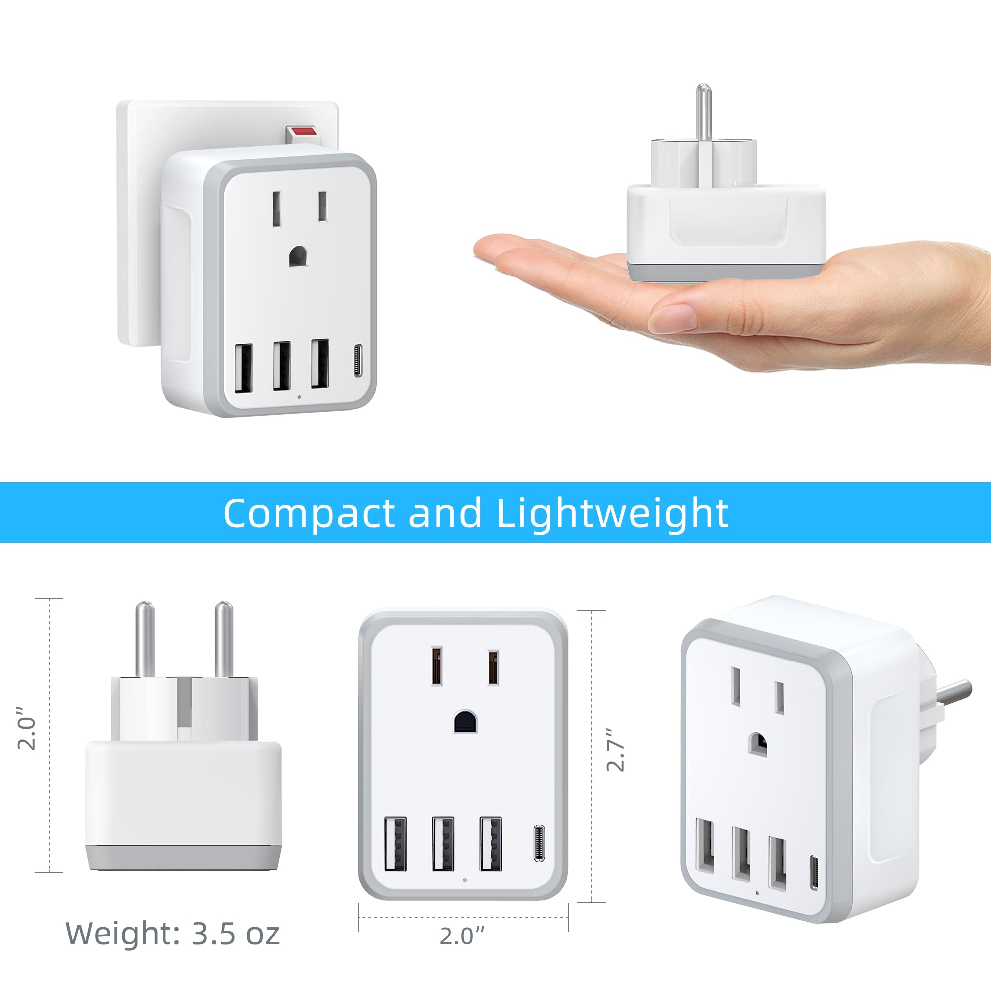 Yinleader Europe Germany France South Korea Type E/F Plug Adapter With 1 Usb C,3 Usb Ports And 1 Outlet   Us To Eu Travel Conver