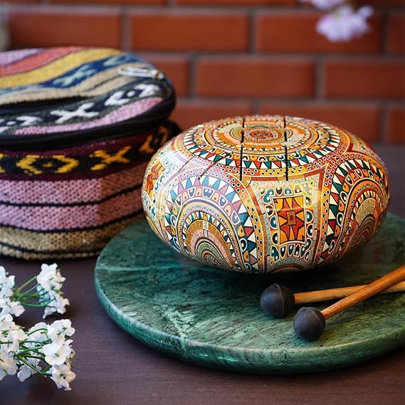 AASHIE N HOMES 12 Inch Steel Tongue Drum 8 Notes C Major for Kids and Adults with Rubber Mallets, Finger and Bag, (OM MANDALA)