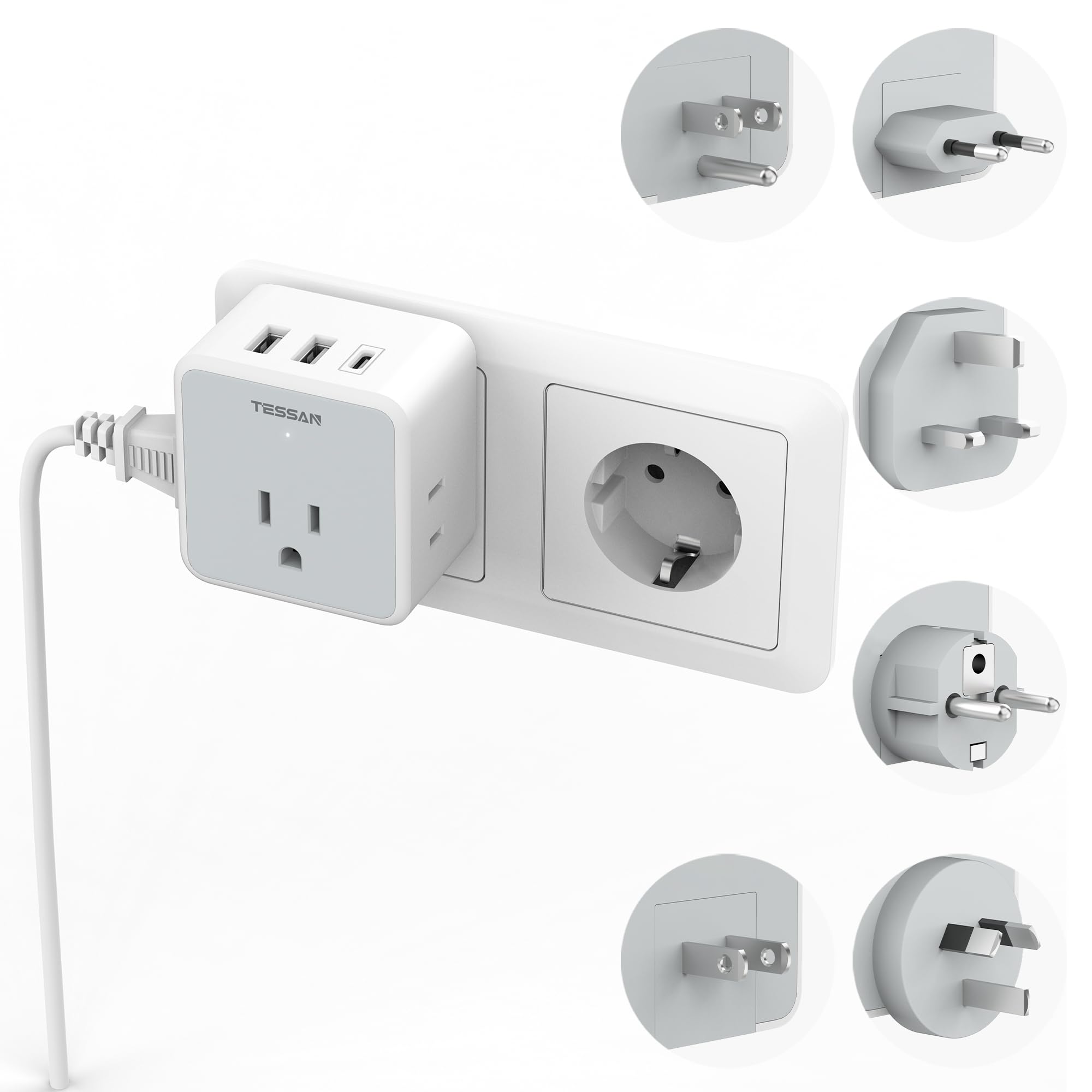 Tessan Universal Travel Adapter Kit, 6 In 1 International Power Adapter With 3 Usb (1 Usb C) And 3 Ac Outlets, Wordwide Adaptor