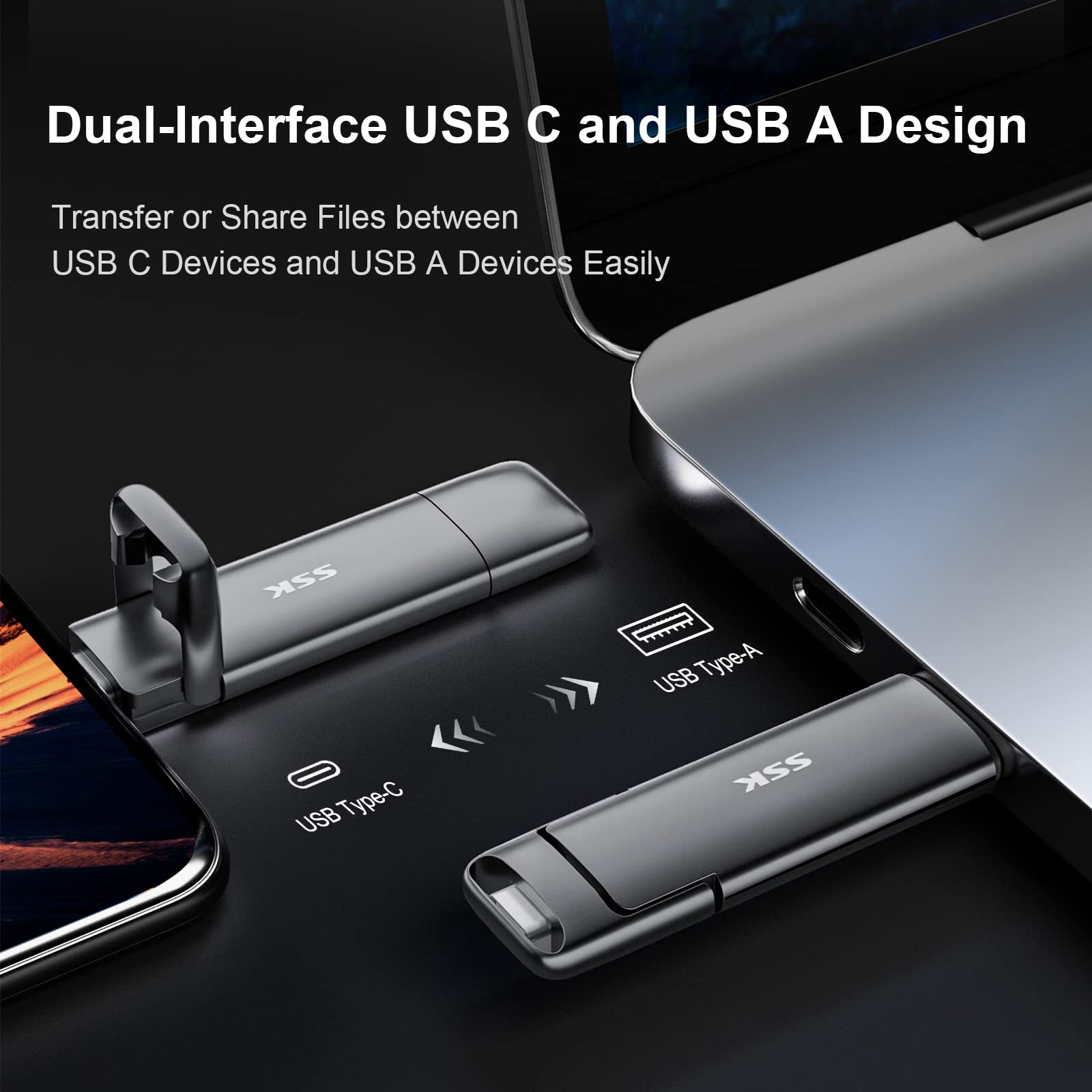 SSK 1TB USB C Thumb Drive, Fast 1000MB/s, Dual Drive Type C + USB A, Black, Model SD301 Pro
