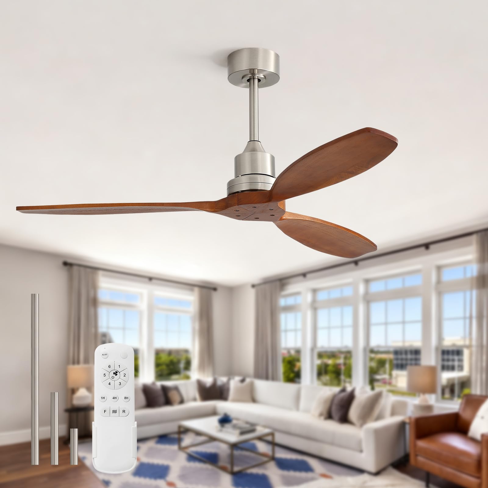 Sofucor Ceiling Fan no Lights, 52 Inch Modern Wood Ceiling Fan with Remote, 3 Wooden Blades and 3 White Downrods, for Indoor Bed
