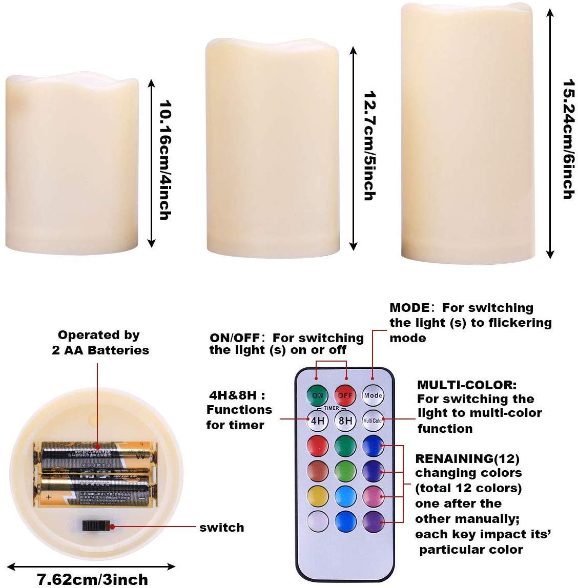 Enido Flameless Candles, Color Changing Led Candles Outdoor Candles Waterproof Candles(D: 3'' X H: 4'' 5'' 6'') Battery Operated