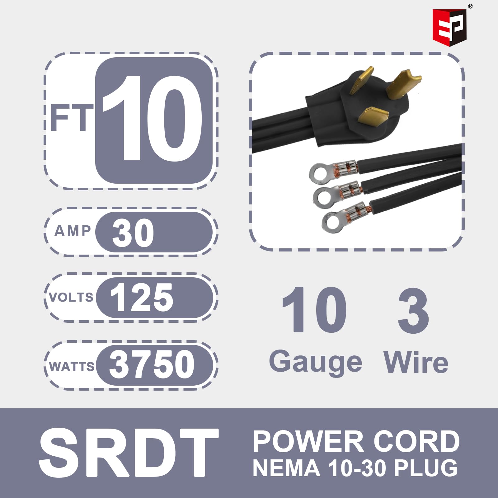 Ep 3 Prong Dryer Cord, 10 Ft 10/3 Srdt, 30Amp Appliance Extension Power Cord, Nema 14 30, Black