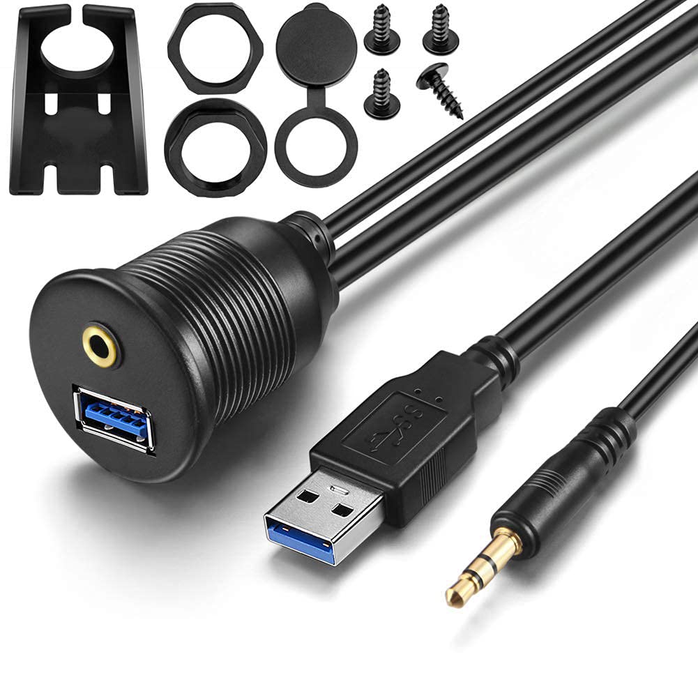 Urwoow Usb Flush Mount   3.5Mm & Usb 3.0 Aux Extension Mount, Dash Mount, Flush Mount, Panel Mount Cable, For Car, Boat, Motorcy