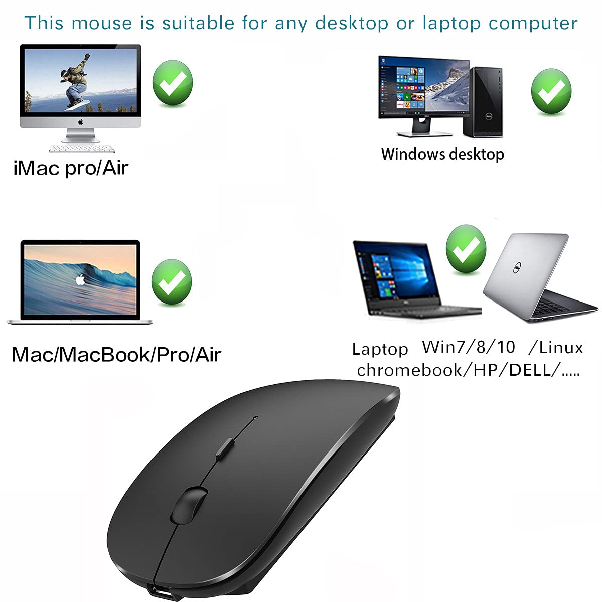 Wireless Mouse For Macbook Pro Macbook Air Macbook Laptop Mac Imac Desktop Computer Chromebook Win7/8/10/11 Pc Hp Dell Laptop (Black)