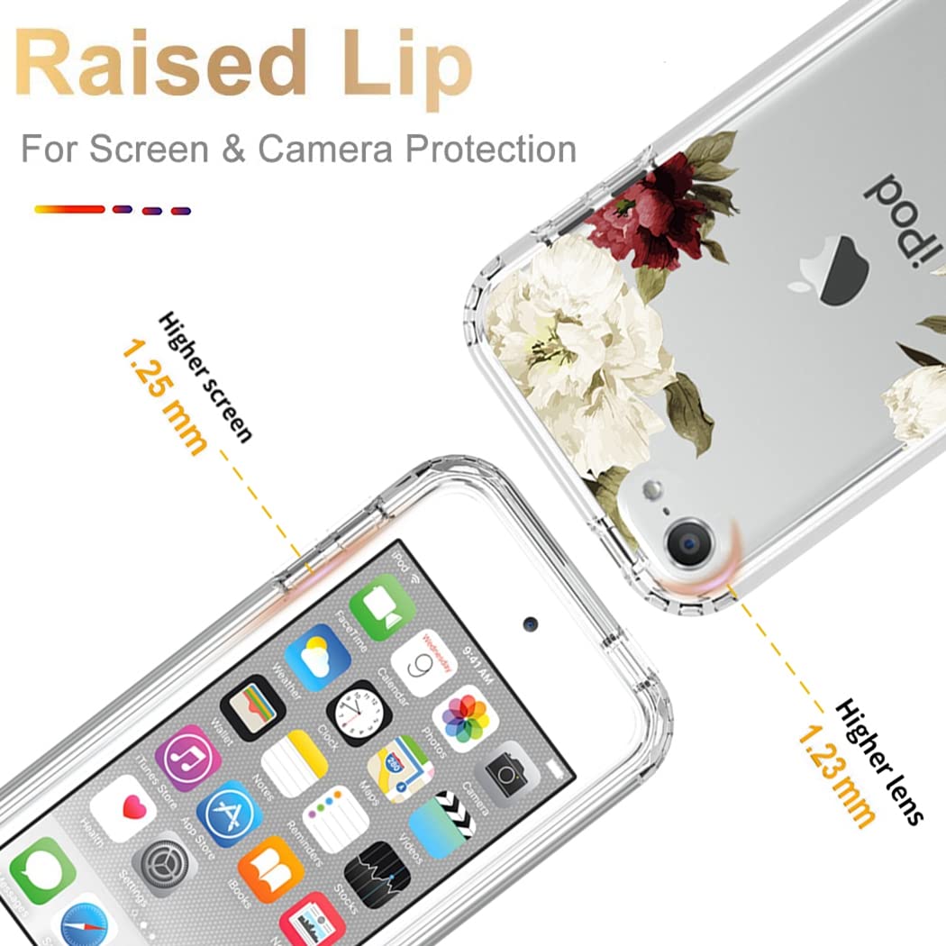 Yodueiv For Ipod Touch 6/Touch 5/Touch 7 Case With Tempered Glass Screen Protector, Full Body Shockproof Cute Clear Floral Patte