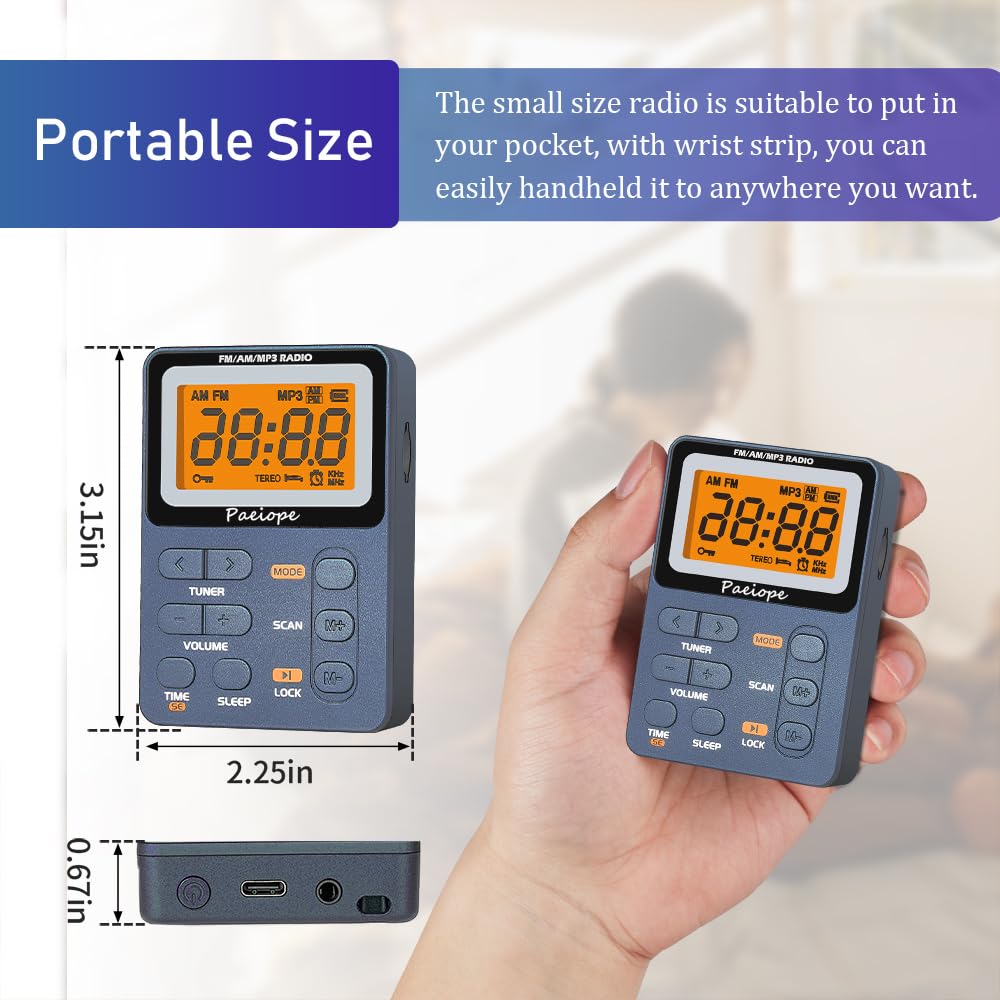Paeiope Portable Radio Am Fm, Rechargeable Pocket Walkman With Best Reception Digital Tuning, Mp3, Stereo Earphone, Large Lcd Sc