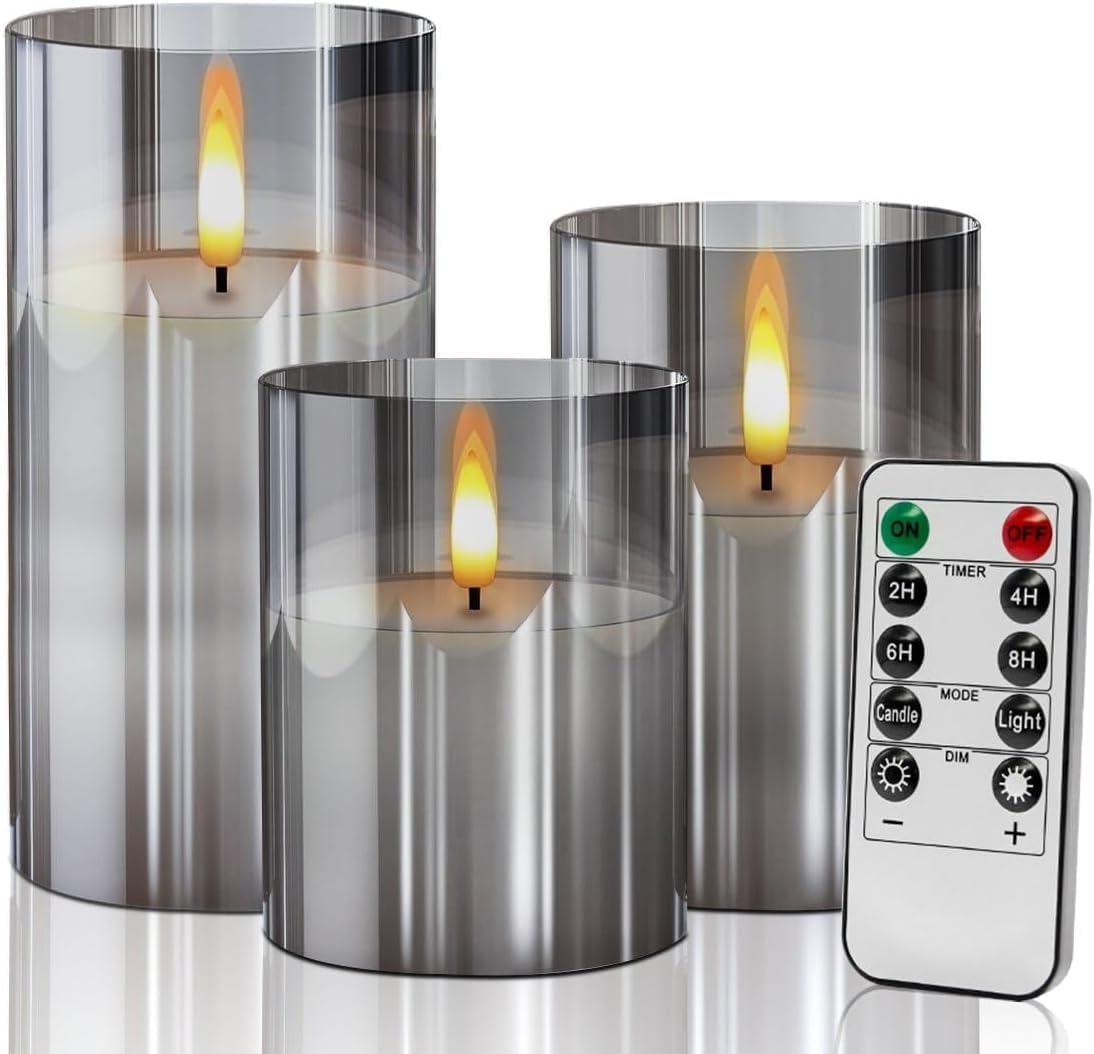 Gray Glass Flameless Candles Flickering With Remote, Timer, Battery Operated Moving Wick Realistic Warm Light Real Wax Led Candl