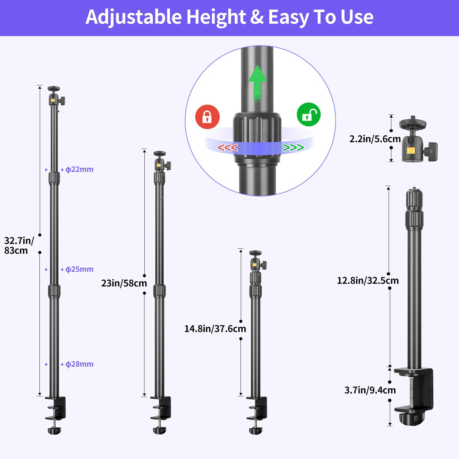Camera Desk Mount Webcam Stand With 360 Ball Head, Adjustable Table Light Stand 14.4'' 32.3'', Tabletop C Clamp For Dslr Camera,