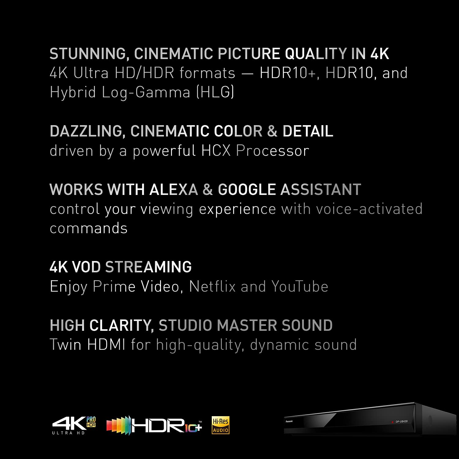 Panasonic Streaming 4K Blu Ray Player, Ultra Hd Premium Video Playback With Hi Res Audio, Voice Assist   Dp Ub420 K (Black)