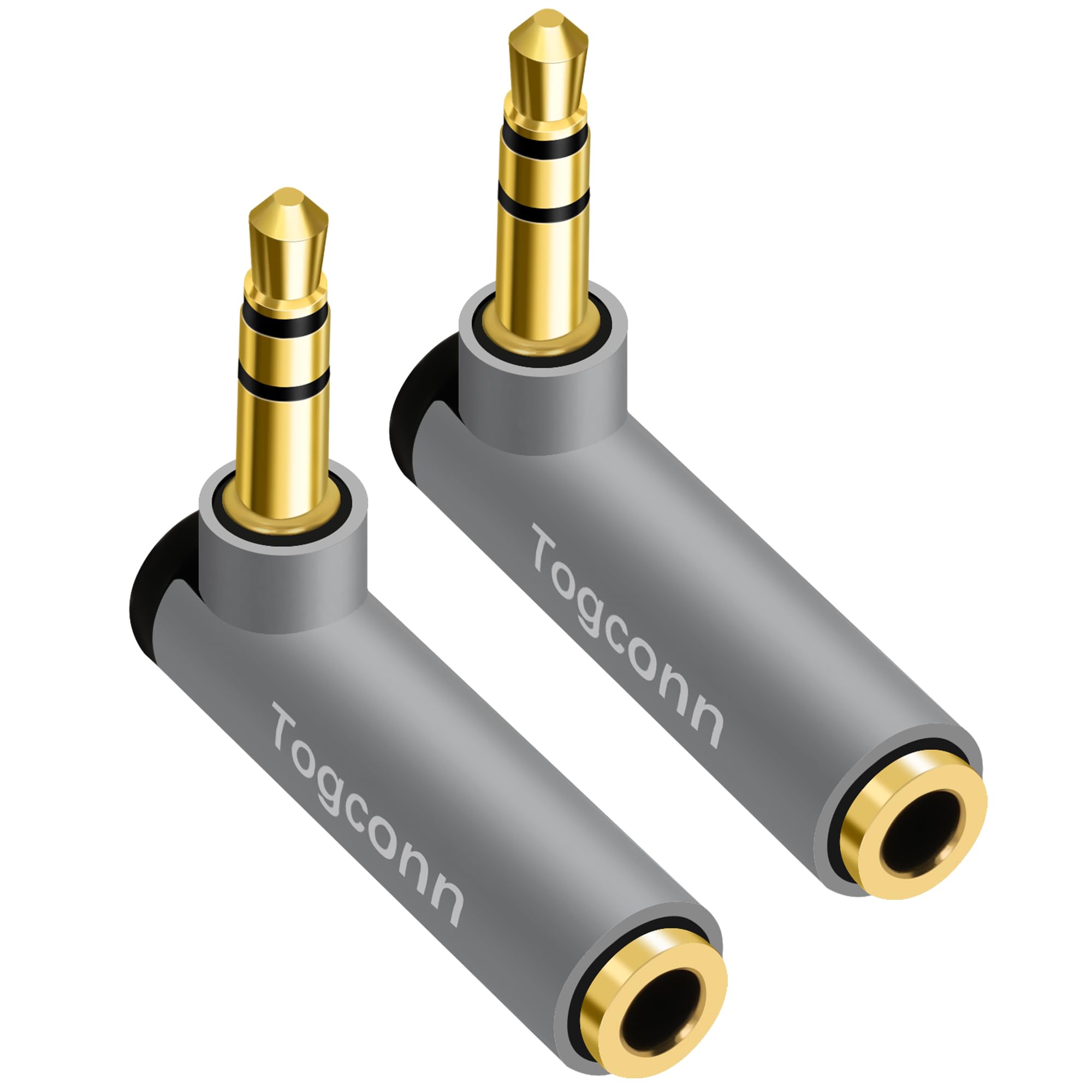 Togconn Right Angle 3.5mm 1/8 Audio Adapter 2-Pack, 90 Degree 3.5mm 1/8 Inch TRS Male to Female Stereo Jack Plug AUX Gold-Plated